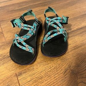 Tribal teal and salmon Chaco sandals